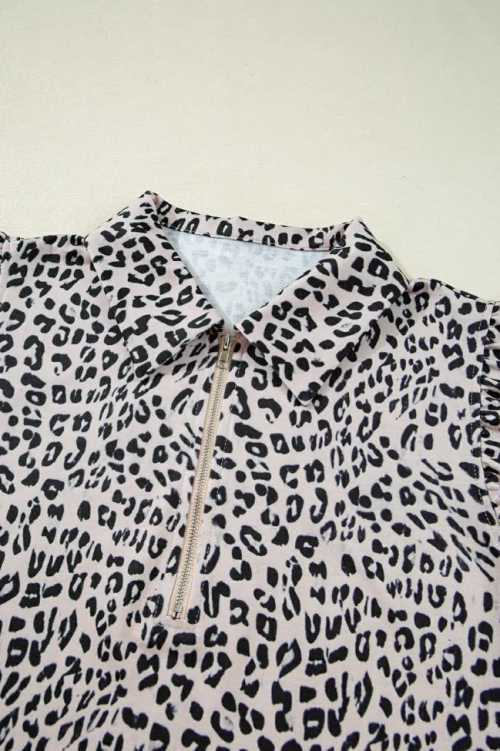 Best Dear-Lover Leopard Half Zipper Collared Ruffled Sleeve Top and Short Set Brown
