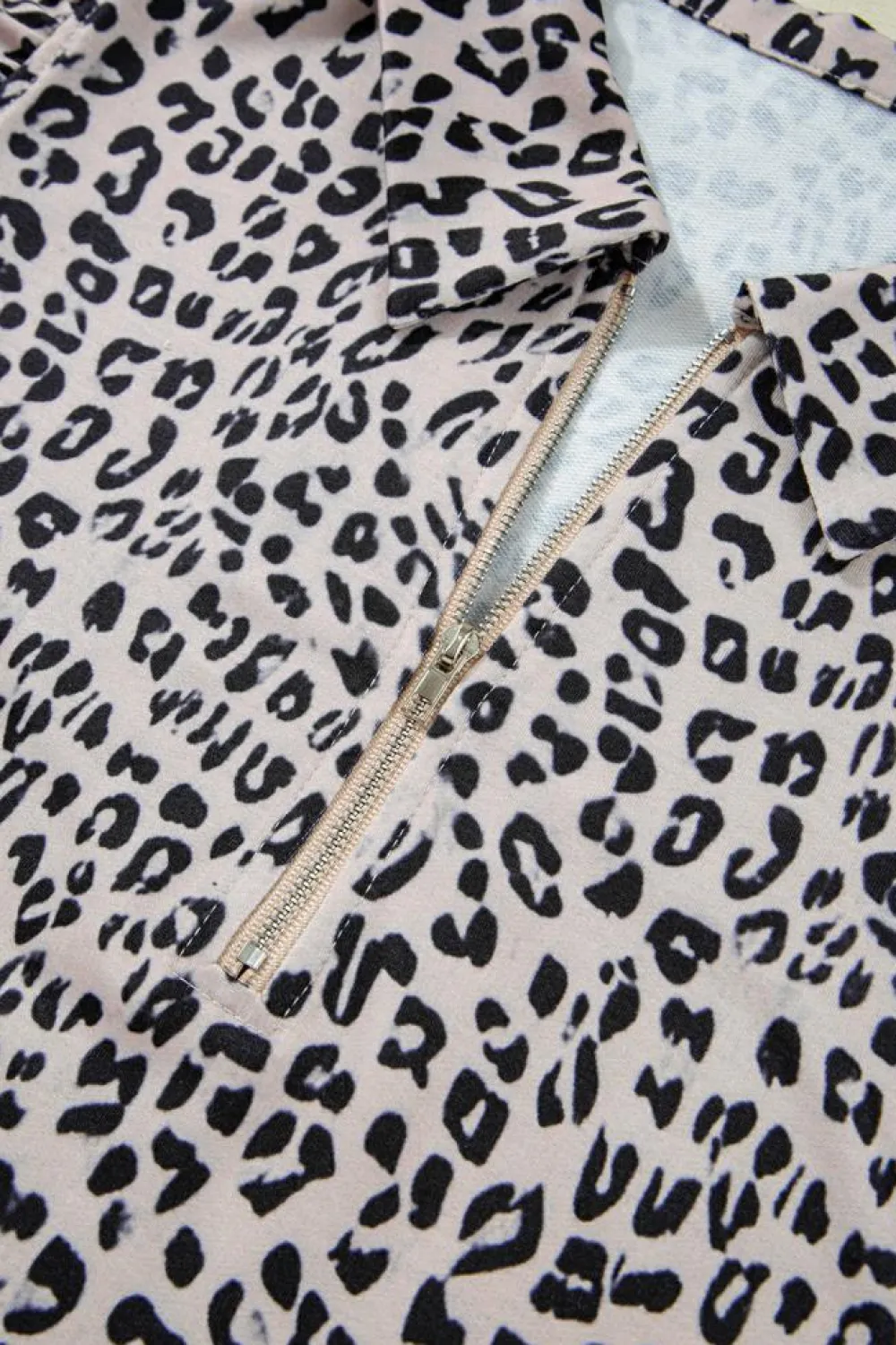 Best Dear-Lover Leopard Half Zipper Collared Ruffled Sleeve Top and Short Set Brown