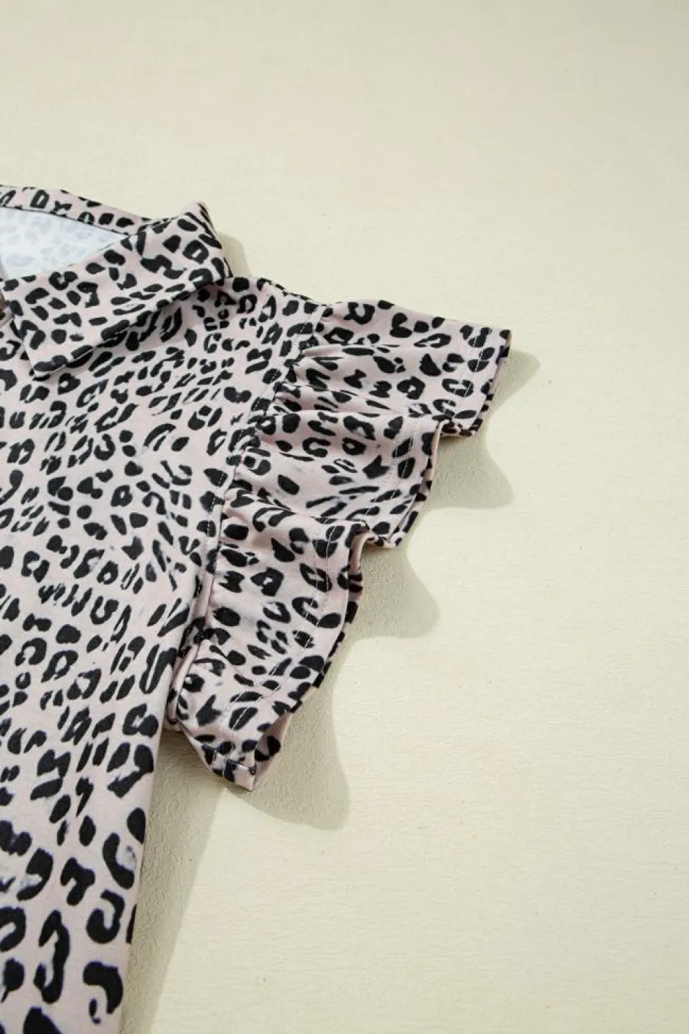 Best Dear-Lover Leopard Half Zipper Collared Ruffled Sleeve Top and Short Set Brown