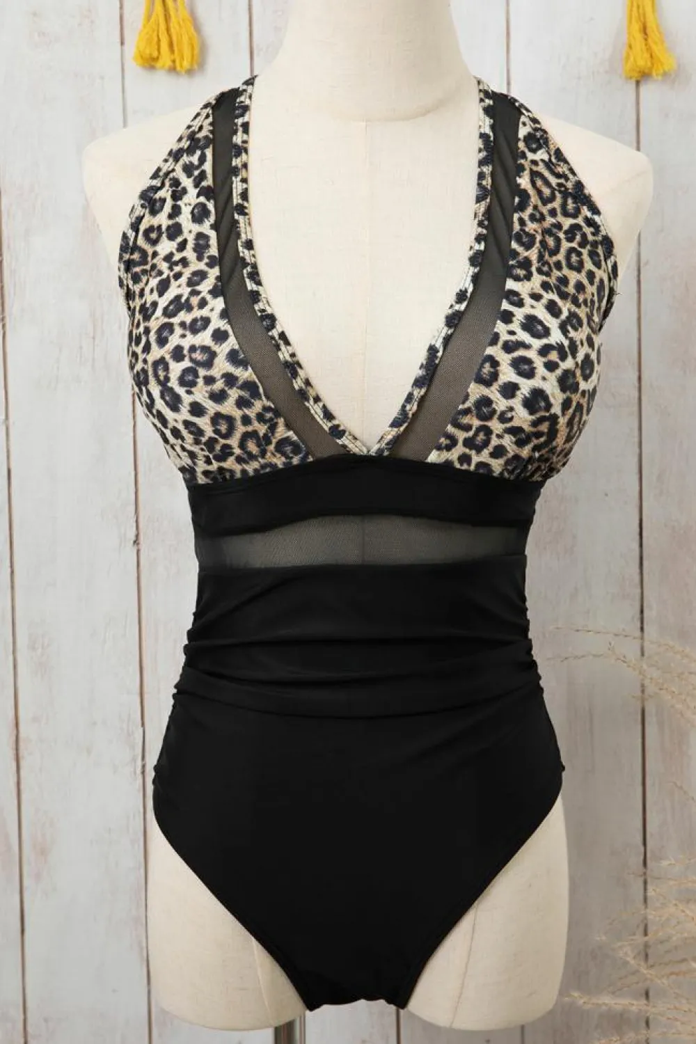 Fashion Dear-Lover Leopard Mesh Insert V Neck High Waist Monokini Brown