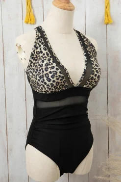 Fashion Dear-Lover Leopard Mesh Insert V Neck High Waist Monokini Brown