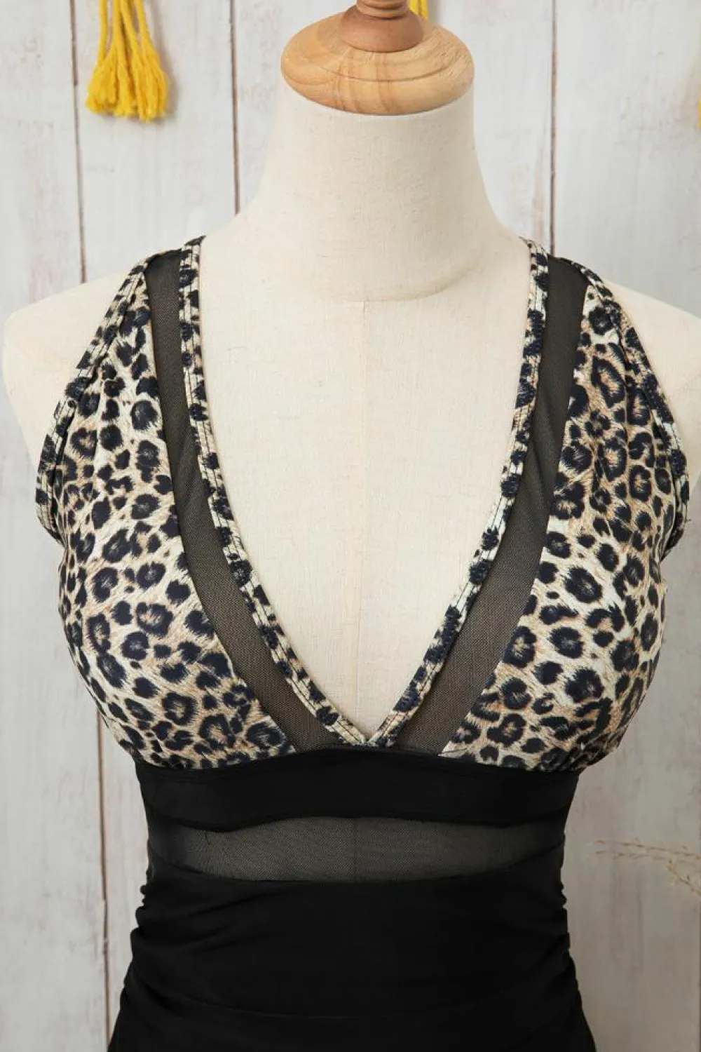 Fashion Dear-Lover Leopard Mesh Insert V Neck High Waist Monokini Brown