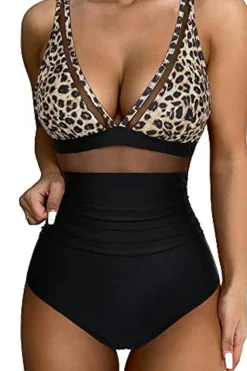 Fashion Dear-Lover Leopard Mesh Insert V Neck High Waist Monokini Brown