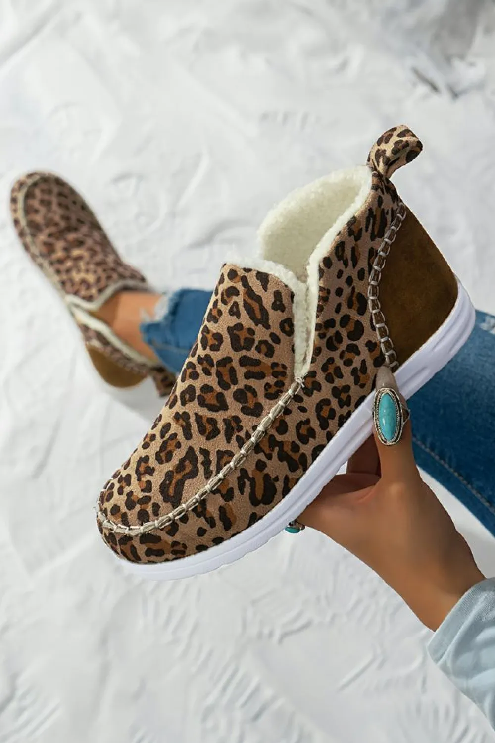 Sale Dear-Lover Leopard Print Ankle Patched Flat Winter Fur Boots Brown