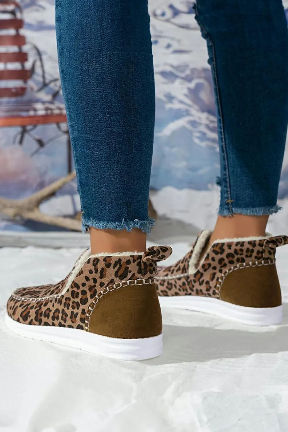 Sale Dear-Lover Leopard Print Ankle Patched Flat Winter Fur Boots Brown