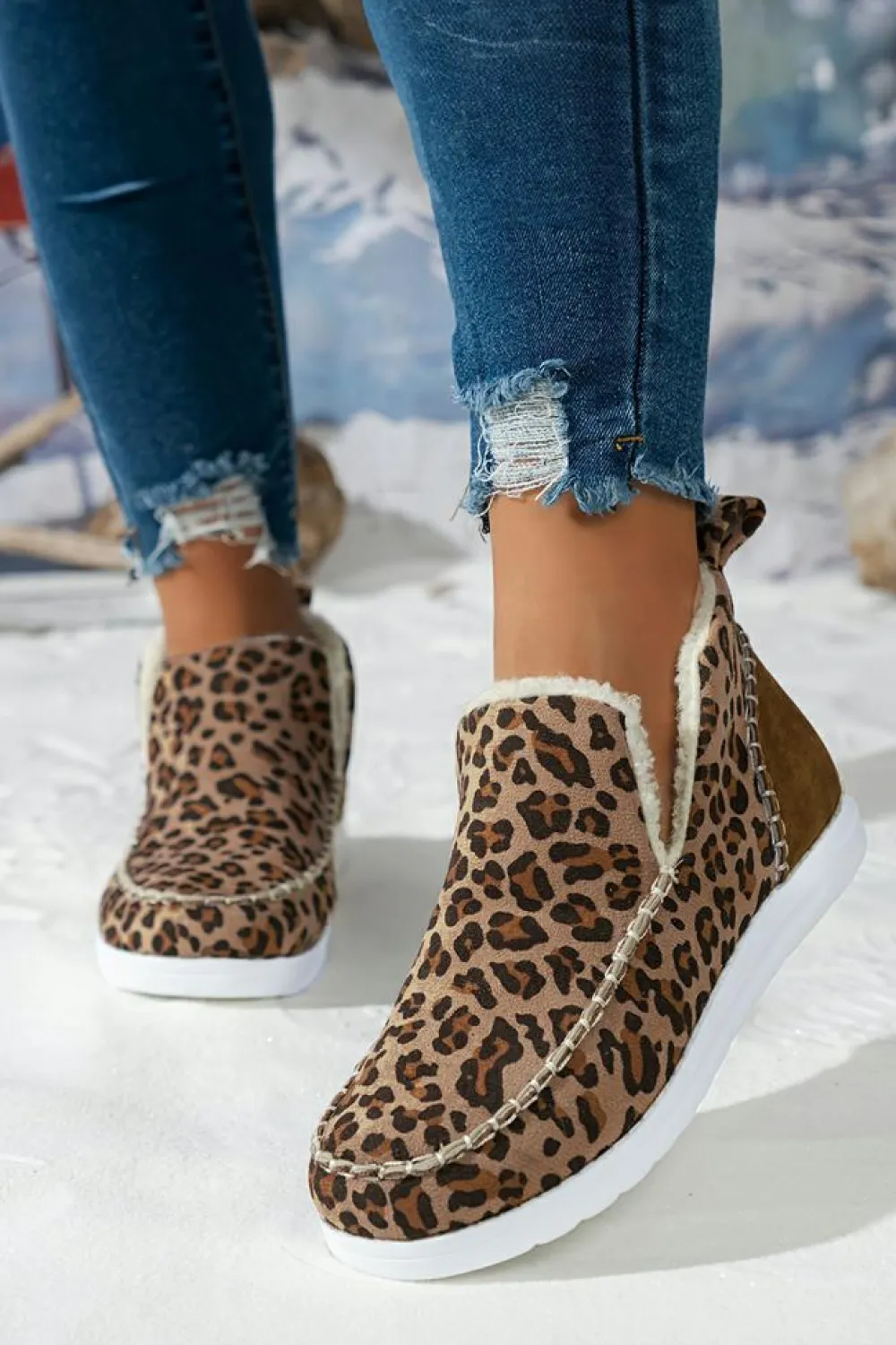 Sale Dear-Lover Leopard Print Ankle Patched Flat Winter Fur Boots Brown