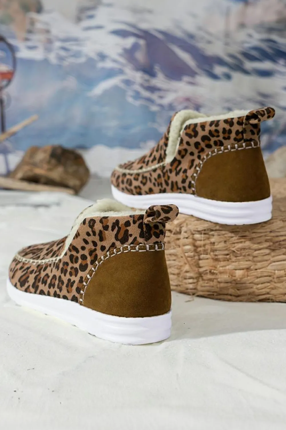 Sale Dear-Lover Leopard Print Ankle Patched Flat Winter Fur Boots Brown