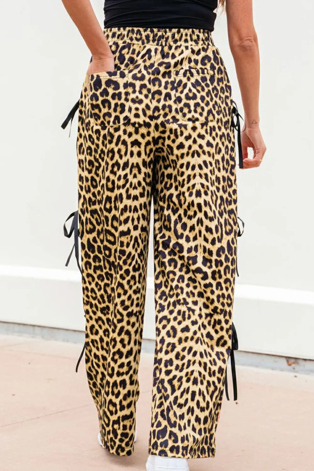 Outlet Dear-Lover Leopard Print Bow Tie Drawstring Elastic Waist Loose High Waist Pants Brown