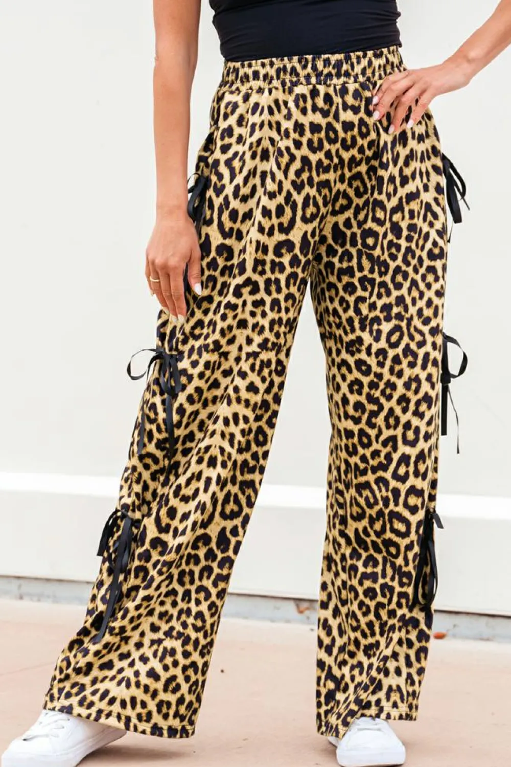 Outlet Dear-Lover Leopard Print Bow Tie Drawstring Elastic Waist Loose High Waist Pants Brown
