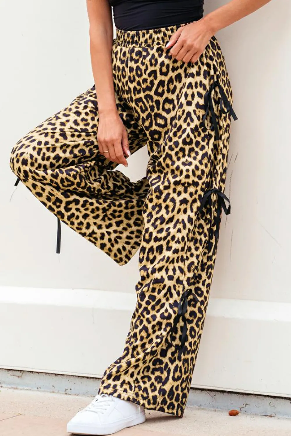 Outlet Dear-Lover Leopard Print Bow Tie Drawstring Elastic Waist Loose High Waist Pants Brown