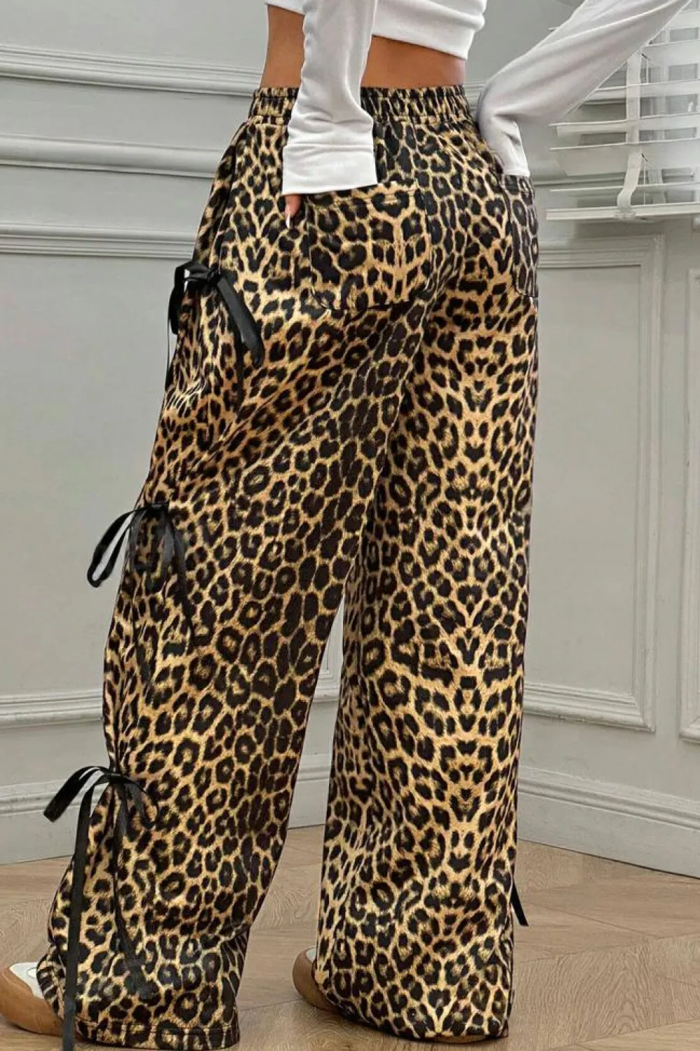 Outlet Dear-Lover Leopard Print Bow Tie Drawstring Elastic Waist Loose High Waist Pants Brown