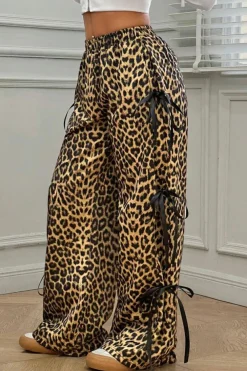 Outlet Dear-Lover Leopard Print Bow Tie Drawstring Elastic Waist Loose High Waist Pants Brown