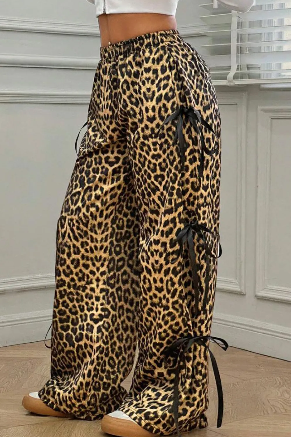 Outlet Dear-Lover Leopard Print Bow Tie Drawstring Elastic Waist Loose High Waist Pants Brown