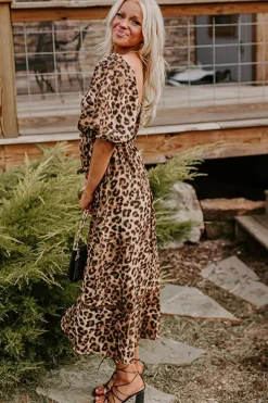 Sale Dear-Lover Leopard Print Bubble Sleeve Square Neck Maxi Dress Brown