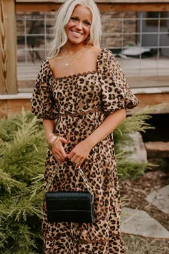 Sale Dear-Lover Leopard Print Bubble Sleeve Square Neck Maxi Dress Brown