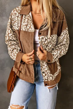 Hot Dear-Lover Leopard Print Corduroy Long Sleeve Jacket Brown