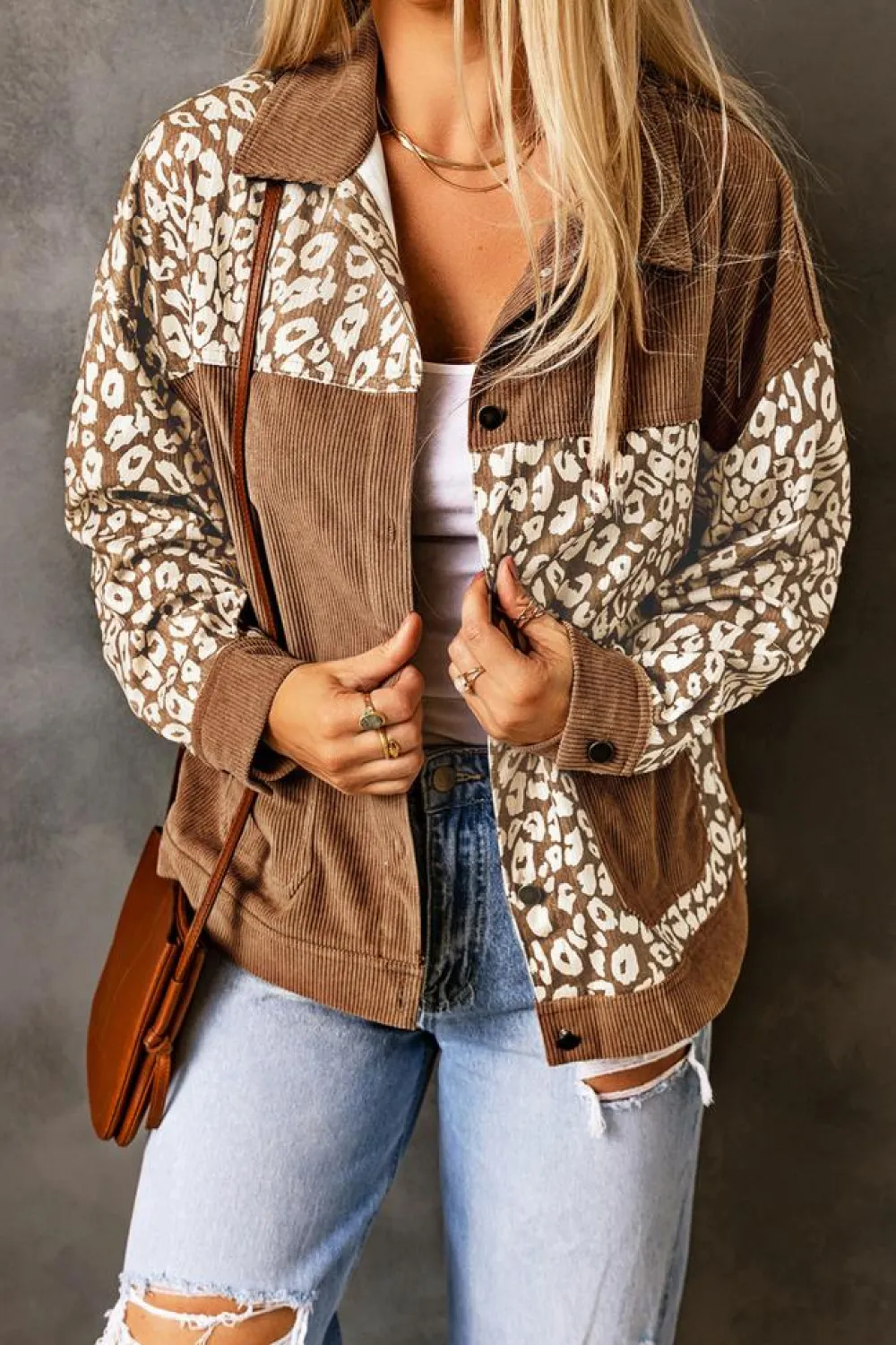 Hot Dear-Lover Leopard Print Corduroy Long Sleeve Jacket Brown