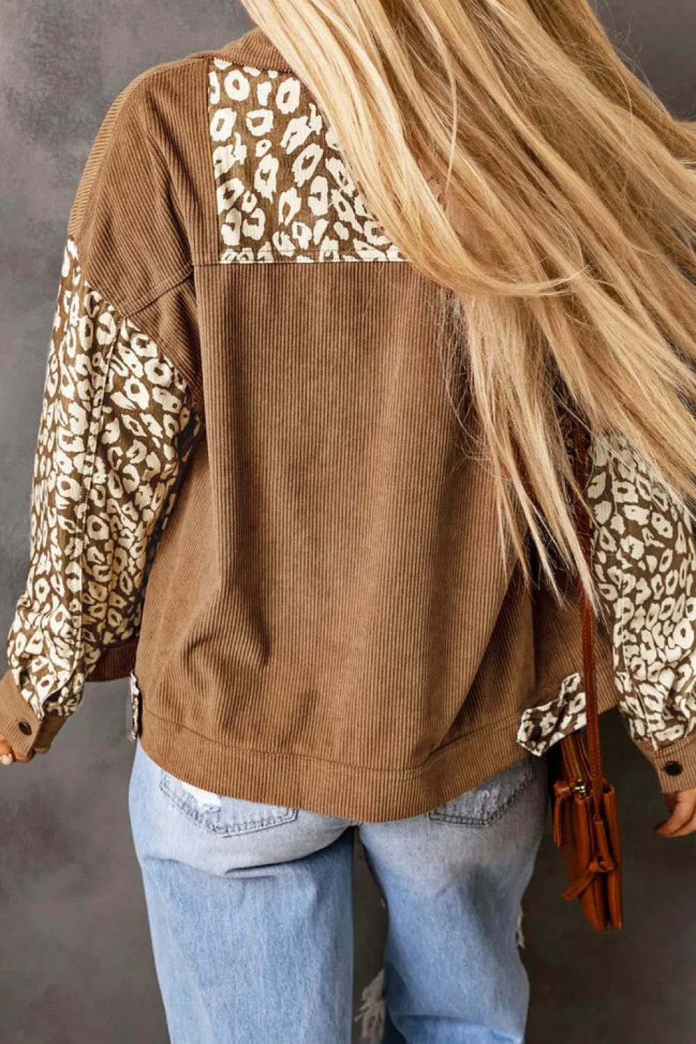Hot Dear-Lover Leopard Print Corduroy Long Sleeve Jacket Brown