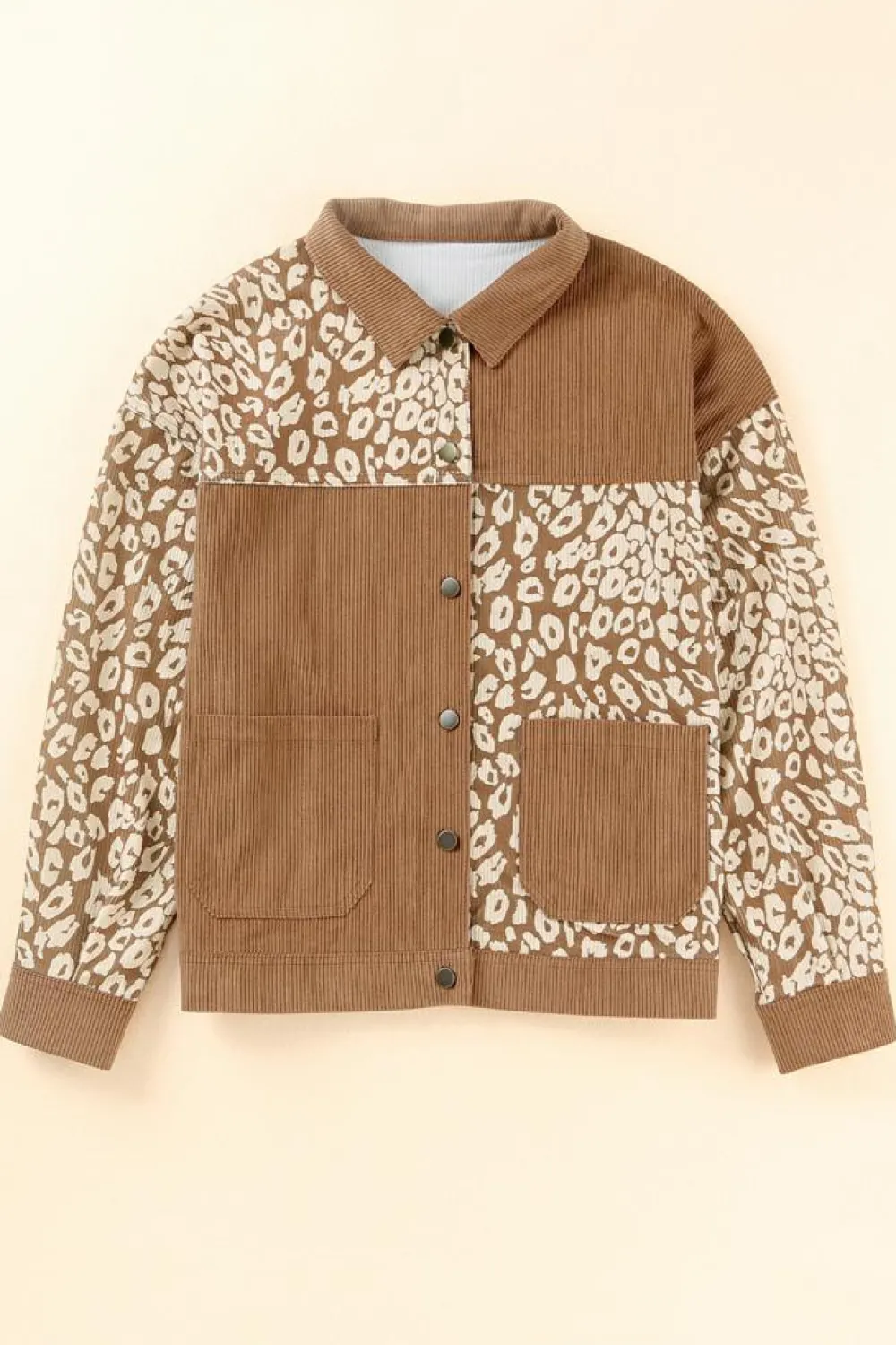 Hot Dear-Lover Leopard Print Corduroy Long Sleeve Jacket Brown