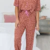 Fashion Dear-Lover Leopard Print Short Sleeve Shirt and Pants Pajamas Set Brown