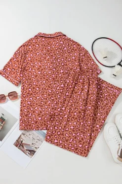 Fashion Dear-Lover Leopard Print Short Sleeve Shirt and Pants Pajamas Set Brown