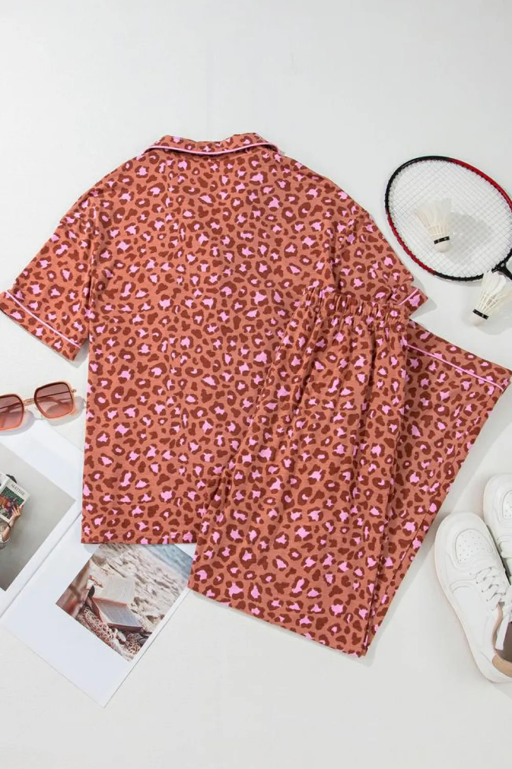Fashion Dear-Lover Leopard Print Short Sleeve Shirt and Pants Pajamas Set Brown