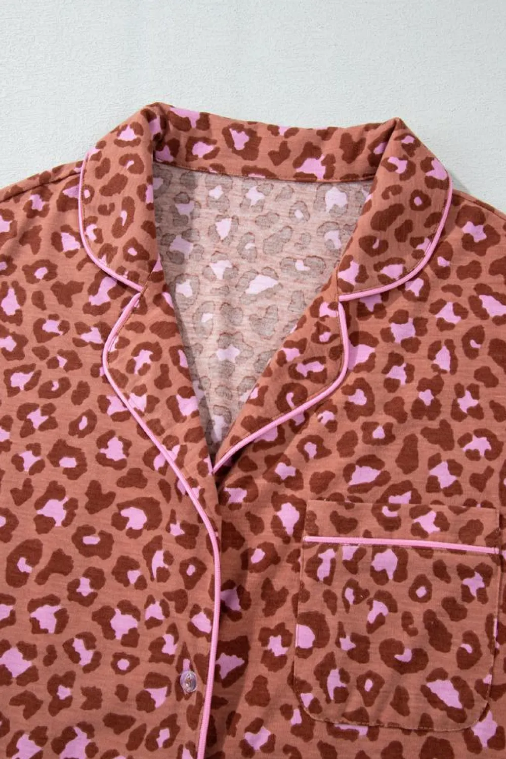 Fashion Dear-Lover Leopard Print Short Sleeve Shirt and Pants Pajamas Set Brown