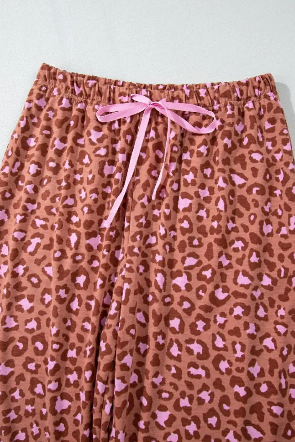 Fashion Dear-Lover Leopard Print Short Sleeve Shirt and Pants Pajamas Set Brown