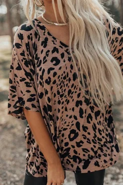 Fashion Dear-Lover Leopard Print V Neck Half Sleeve Oversized Tee Brown