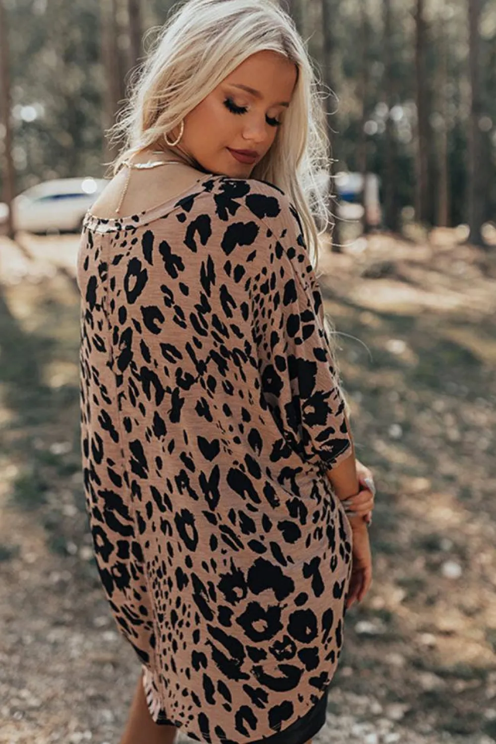 Fashion Dear-Lover Leopard Print V Neck Half Sleeve Oversized Tee Brown