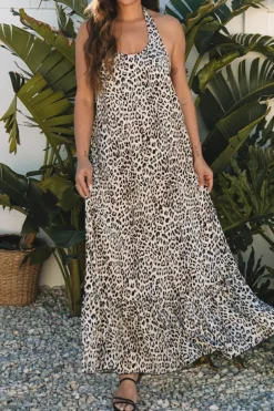 New Dear-Lover Leopard Printed Halter Neck Backless Ruffled Hem Maxi Dress Brown