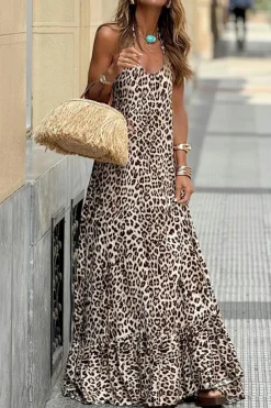 New Dear-Lover Leopard Printed Halter Neck Backless Ruffled Hem Maxi Dress Brown