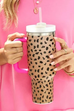 Best Dear-Lover Leopard Printed Handled Cup with Straw 40oz Brown