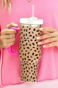 Best Dear-Lover Leopard Printed Handled Cup with Straw 40oz Brown
