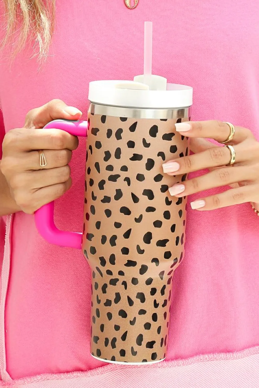 Best Dear-Lover Leopard Printed Handled Cup with Straw 40oz Brown