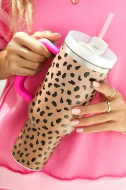 Best Dear-Lover Leopard Printed Handled Cup with Straw 40oz Brown