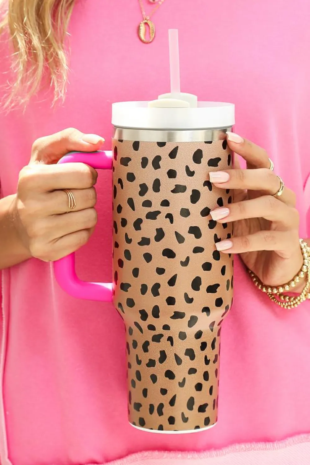 Best Dear-Lover Leopard Printed Handled Cup with Straw 40oz Brown