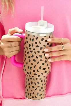 Best Dear-Lover Leopard Printed Handled Cup with Straw 40oz Brown