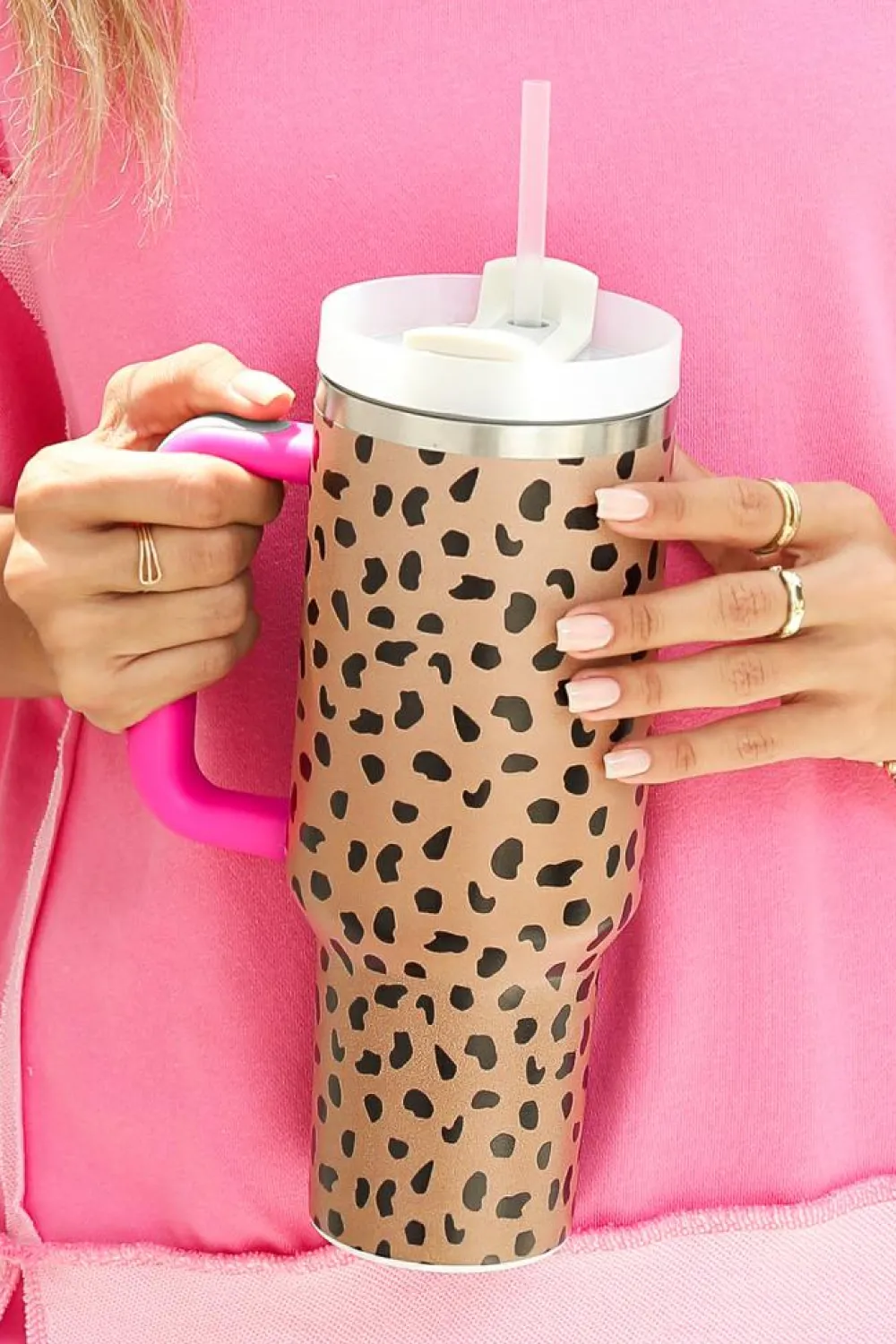 Best Dear-Lover Leopard Printed Handled Cup with Straw 40oz Brown