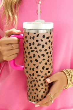 Best Dear-Lover Leopard Printed Handled Cup with Straw 40oz Brown