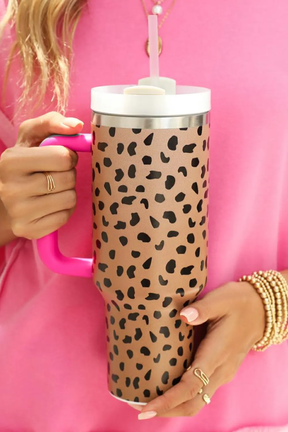 Best Dear-Lover Leopard Printed Handled Cup with Straw 40oz Brown