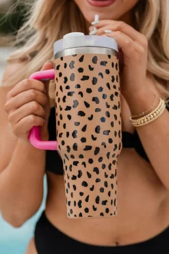 Best Dear-Lover Leopard Printed Handled Cup with Straw 40oz Brown