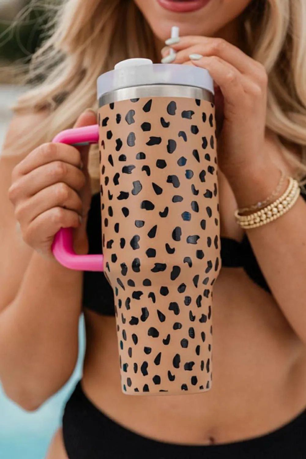 Best Dear-Lover Leopard Printed Handled Cup with Straw 40oz Brown