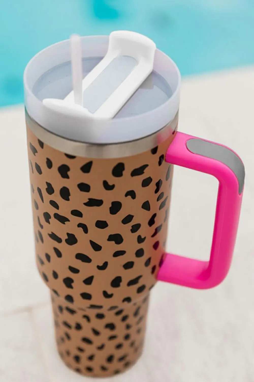 Best Dear-Lover Leopard Printed Handled Cup with Straw 40oz Brown