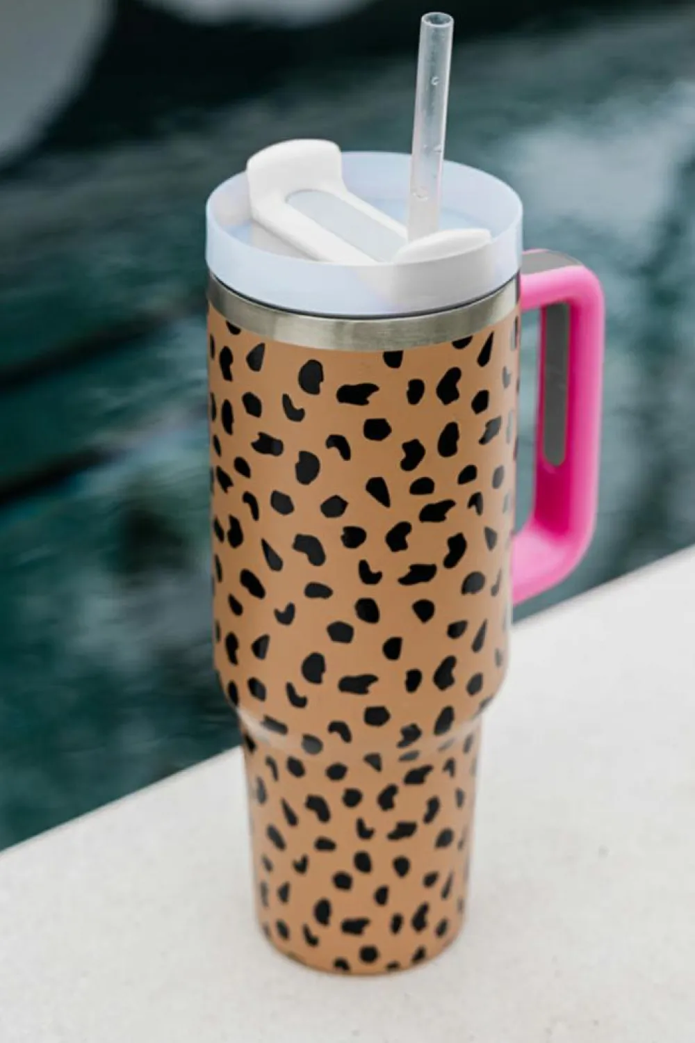 Best Dear-Lover Leopard Printed Handled Cup with Straw 40oz Brown