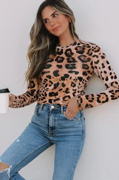 Discount Dear-Lover Leopard Round Neck Long Sleeve Slim Top Brown