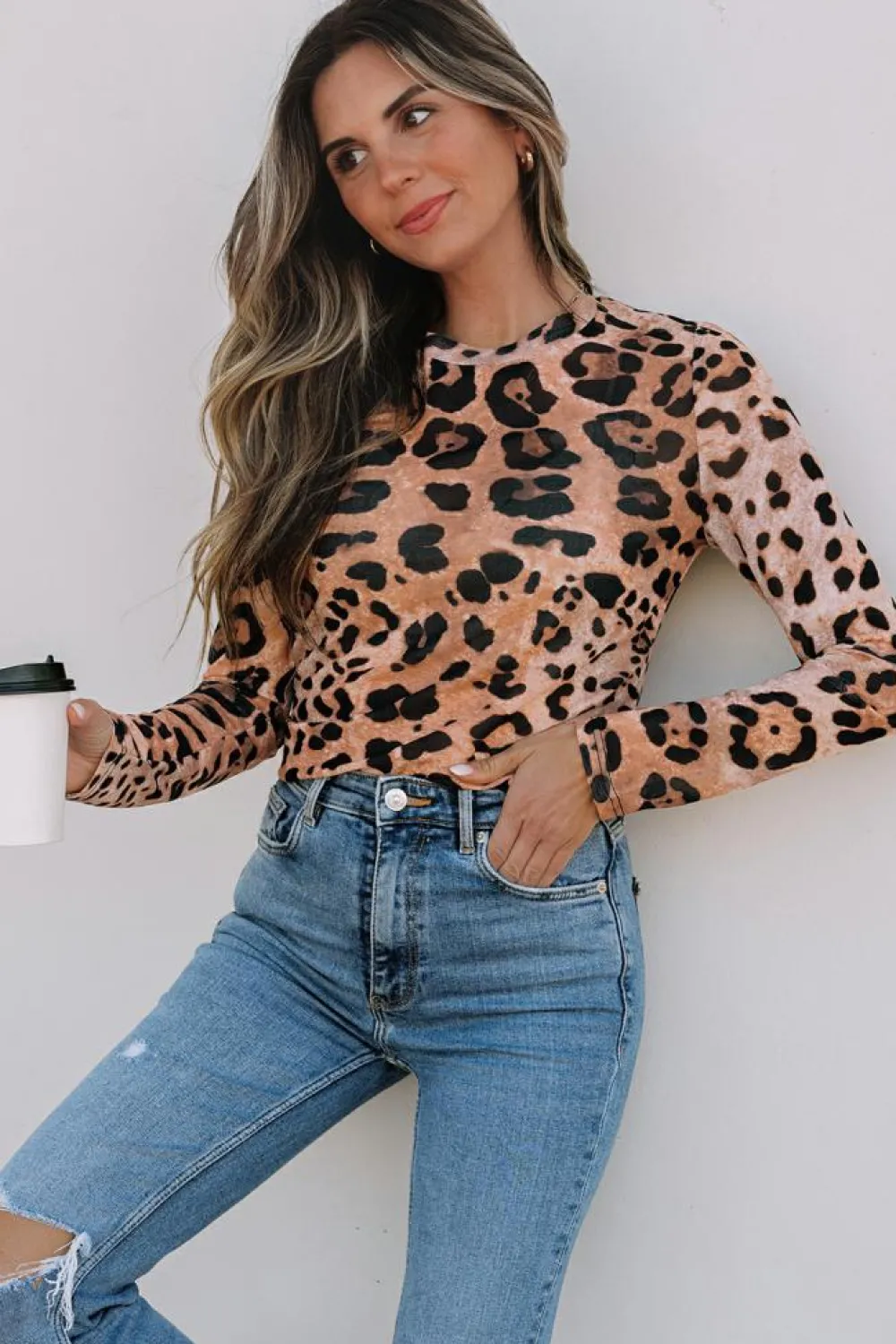 Discount Dear-Lover Leopard Round Neck Long Sleeve Slim Top Brown