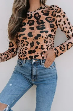 Discount Dear-Lover Leopard Round Neck Long Sleeve Slim Top Brown