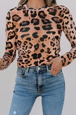 Discount Dear-Lover Leopard Round Neck Long Sleeve Slim Top Brown