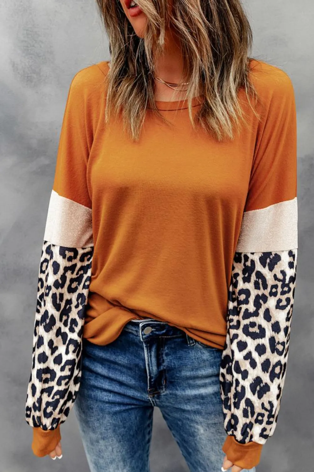Clearance Dear-Lover Leopard Sequin Patchwork Long Sleeve Top Brown